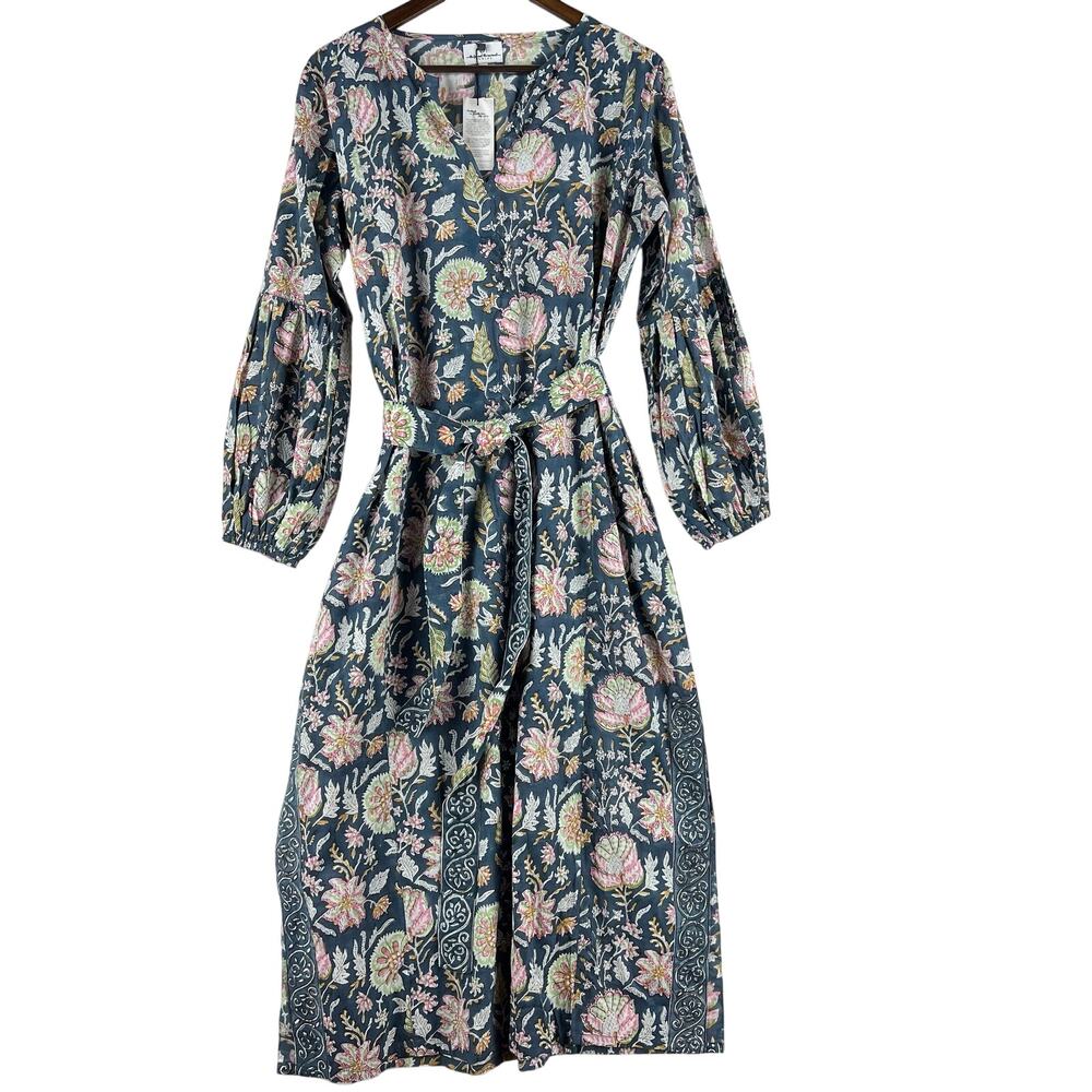 The Fox and the Mermaid WMNS Block Print Midi Dress L Blue Floral Balloon Sleeve